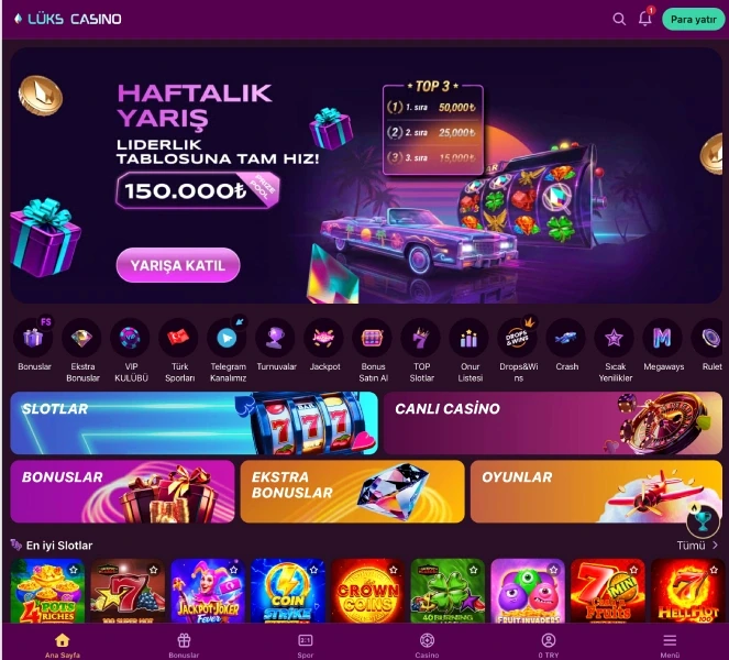 Luks Gazino main lobby screen with a Weekly Race banner, quick category icons and a Top Slots row